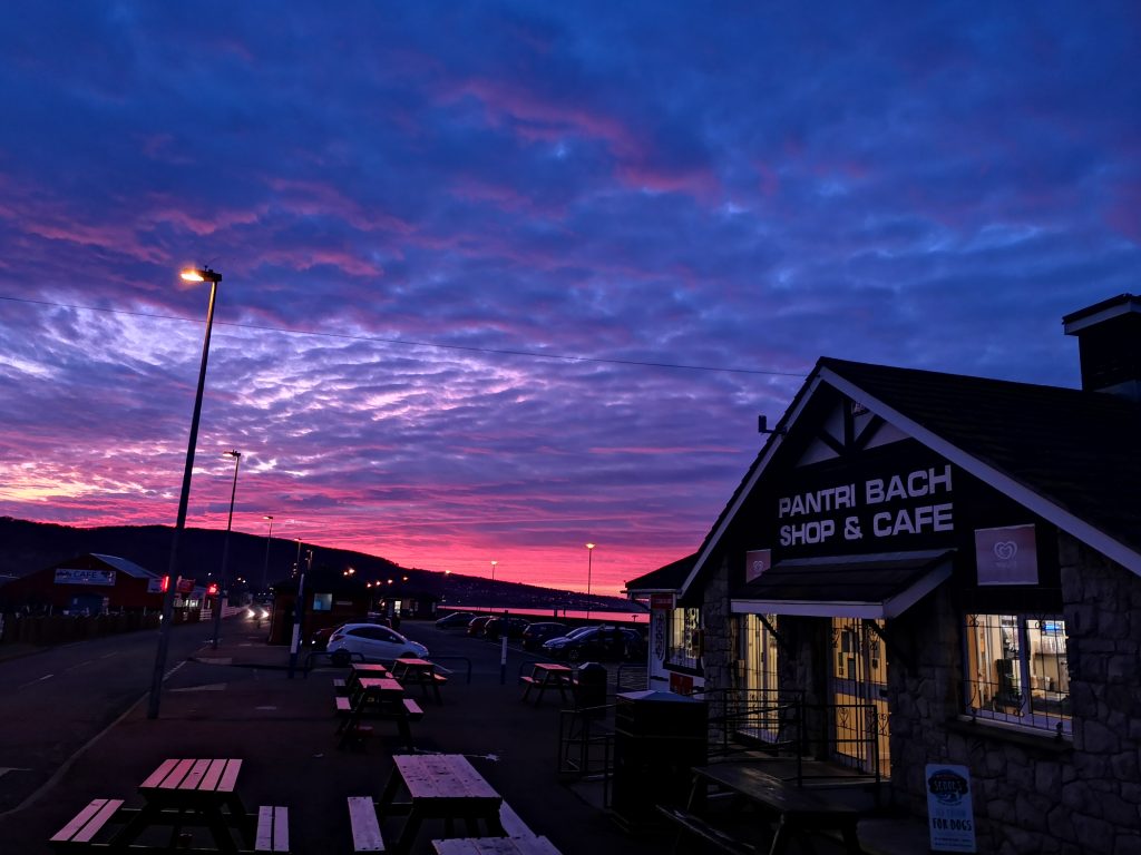 Sunset behind cafe